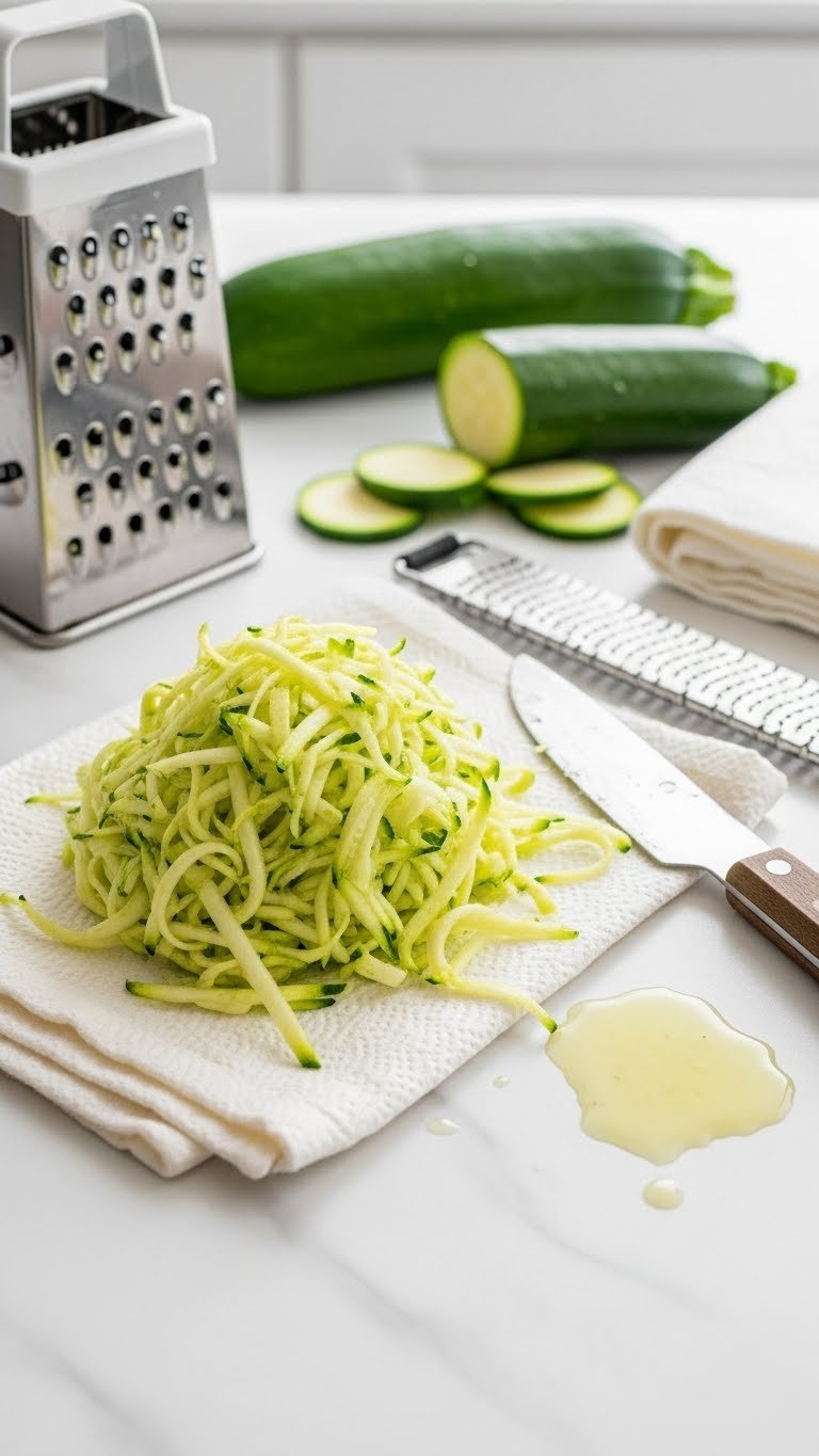 Finely shredded zucchini being squeezed dry on kitchen towel for moisture removal in bread preparation.