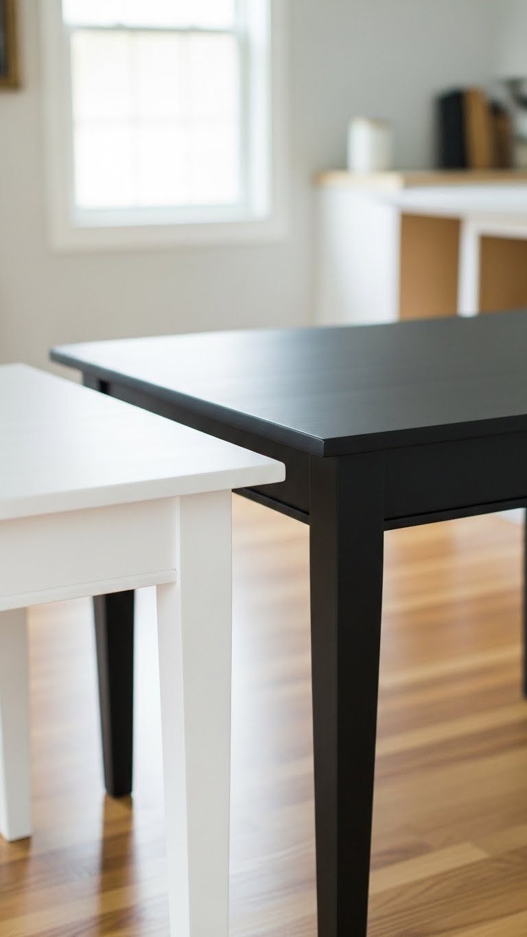Finished white painted kitchen table curing with satin sheen under soft ambient natural lighting.
