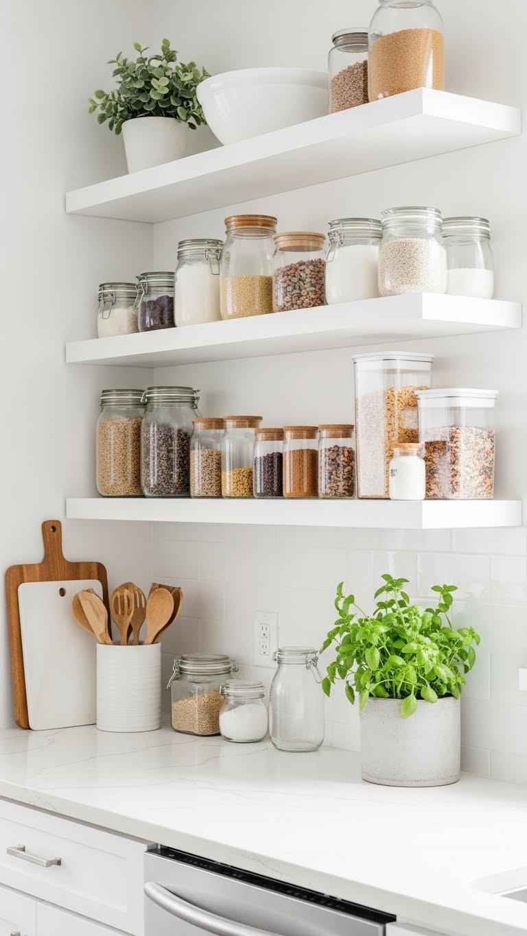 Floating shelves with organized pantry items in a small apartment kitchen showcasing vertical storage optimization