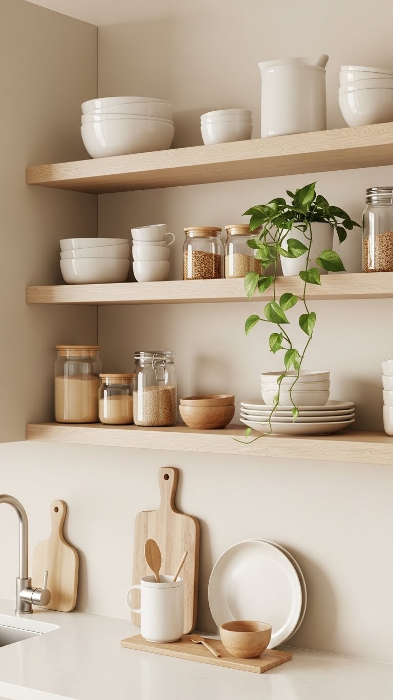 Floating wood open shelves displaying organized ceramics and plants against beige wall