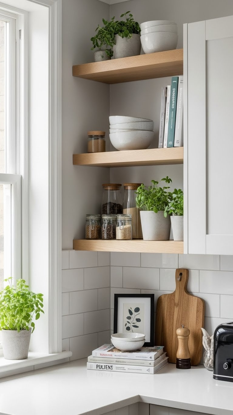 Floating wood shelves displaying organized kitchen essentials like ceramic bowls and spice jars in modern apartment
