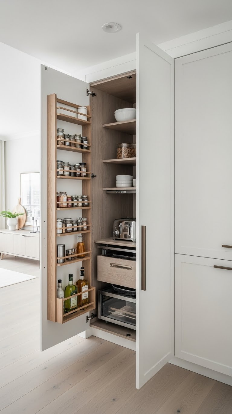 Floor-to-ceiling custom pantry wall with handleless panels revealing organized interior with pull-out shelves and spice racks