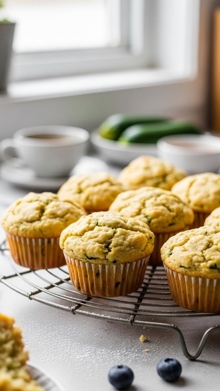 Fluffy golden-brown zucchini muffins with zucchini specks and cinnamon hints arranged on wire cooling rack in kitchen.