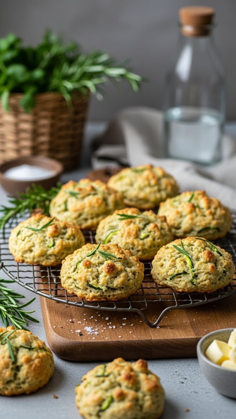 Fluffy low carb zucchini and herb scones with cheese topping on rustic wooden board with rosemary and butter