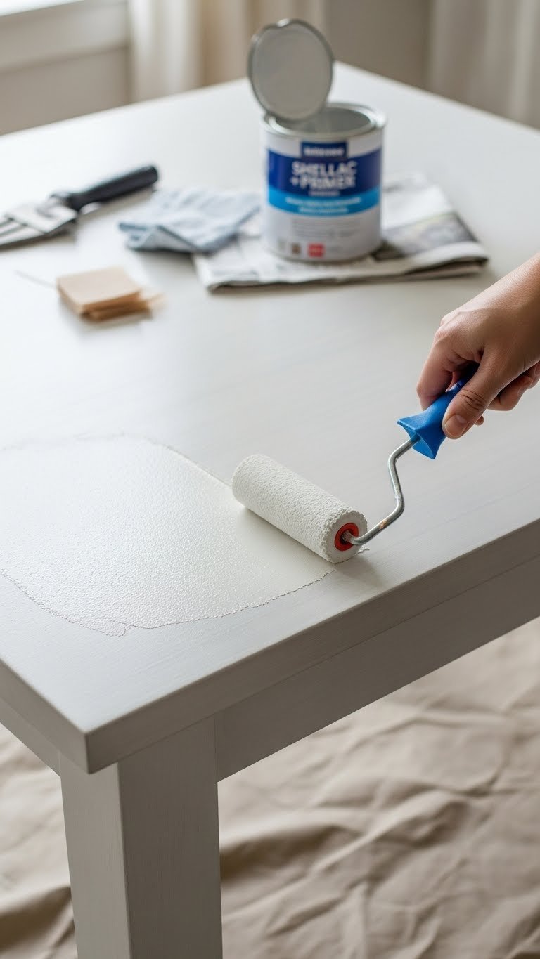 Foam roller applying smooth white primer coat to wooden kitchen table surface with tack cloth nearby.