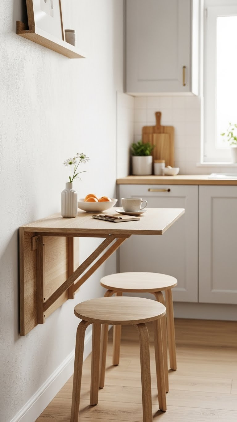 Fold-down wall-mounted table with compact stools tucked beneath in narrow galley kitchen providing flexible workspace