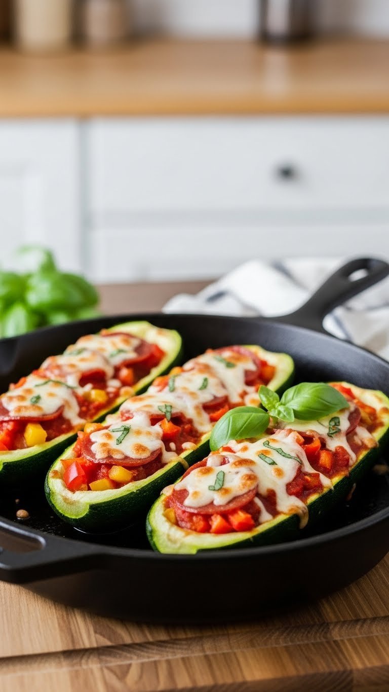 Zucchini Pizza Bake: Easy Crispy Low-Carb Recipe 3 Four zucchini pizza boats filled with melted mozzarella, marinara sauce, pepperoni, and bell peppers in cast iron skillet