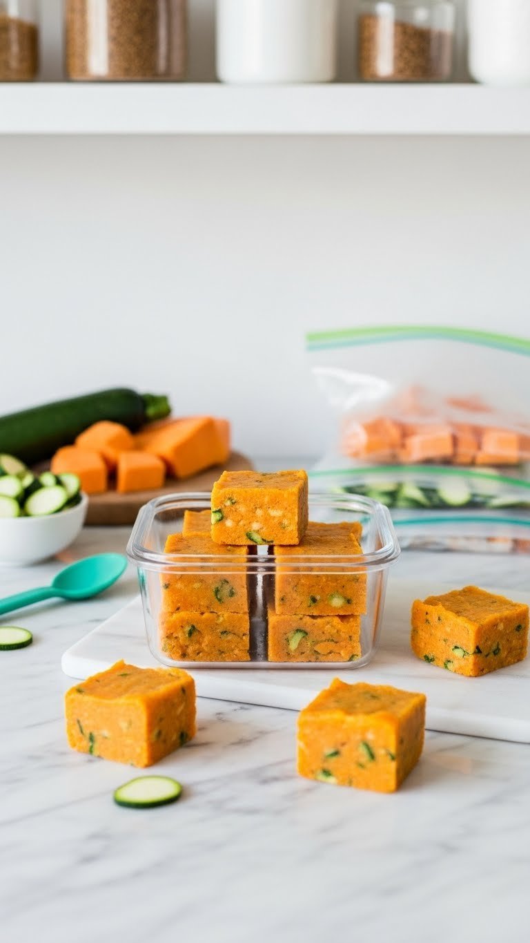 Freezer-friendly zucchini and sweet potato puree squares in clear container with vibrant orange and green specks.