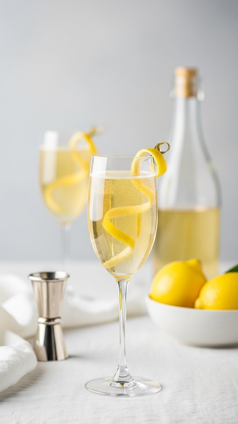 French 75 cocktail in champagne flute with lemon twist garnish on white linen