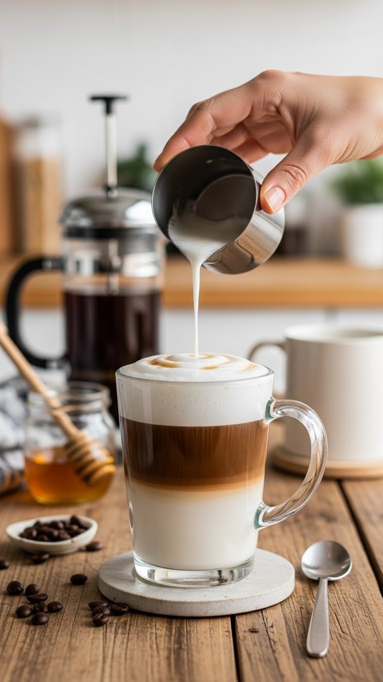 French press latte in glass mug with layered coffee and frothed milk on rustic wooden surface