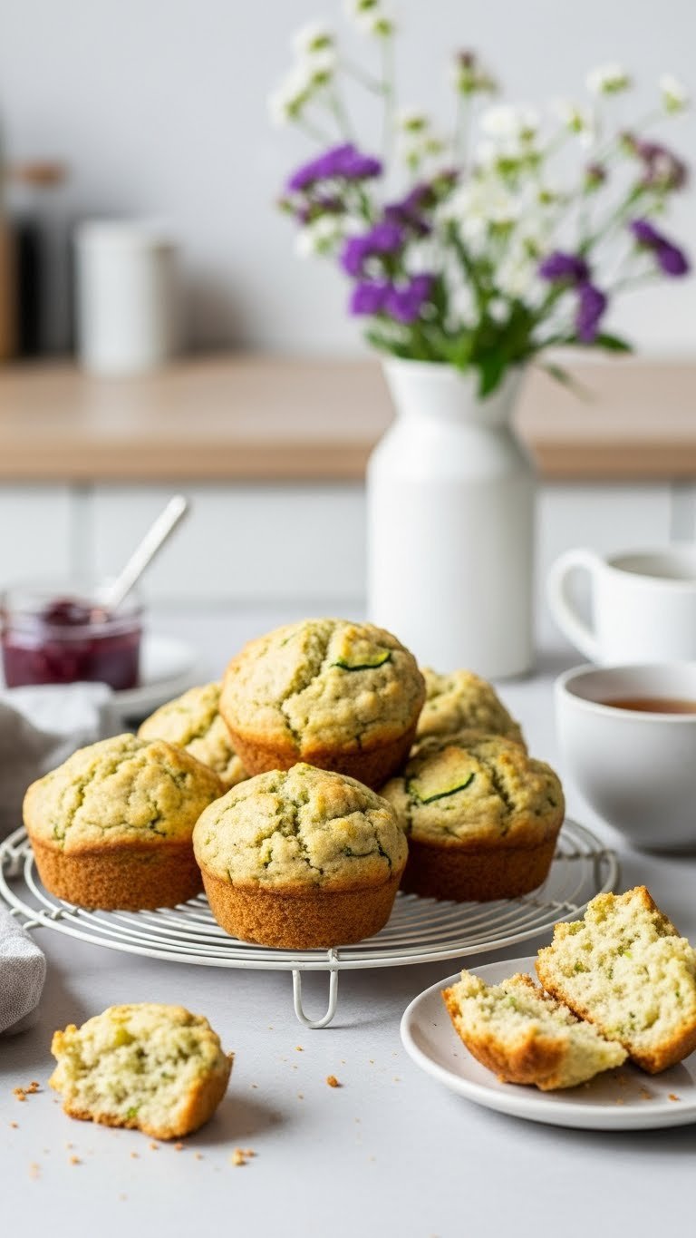 Fresh golden brown sourdough zucchini muffins on wire cooling rack with jam pot and tea cup in bright daylight setting.