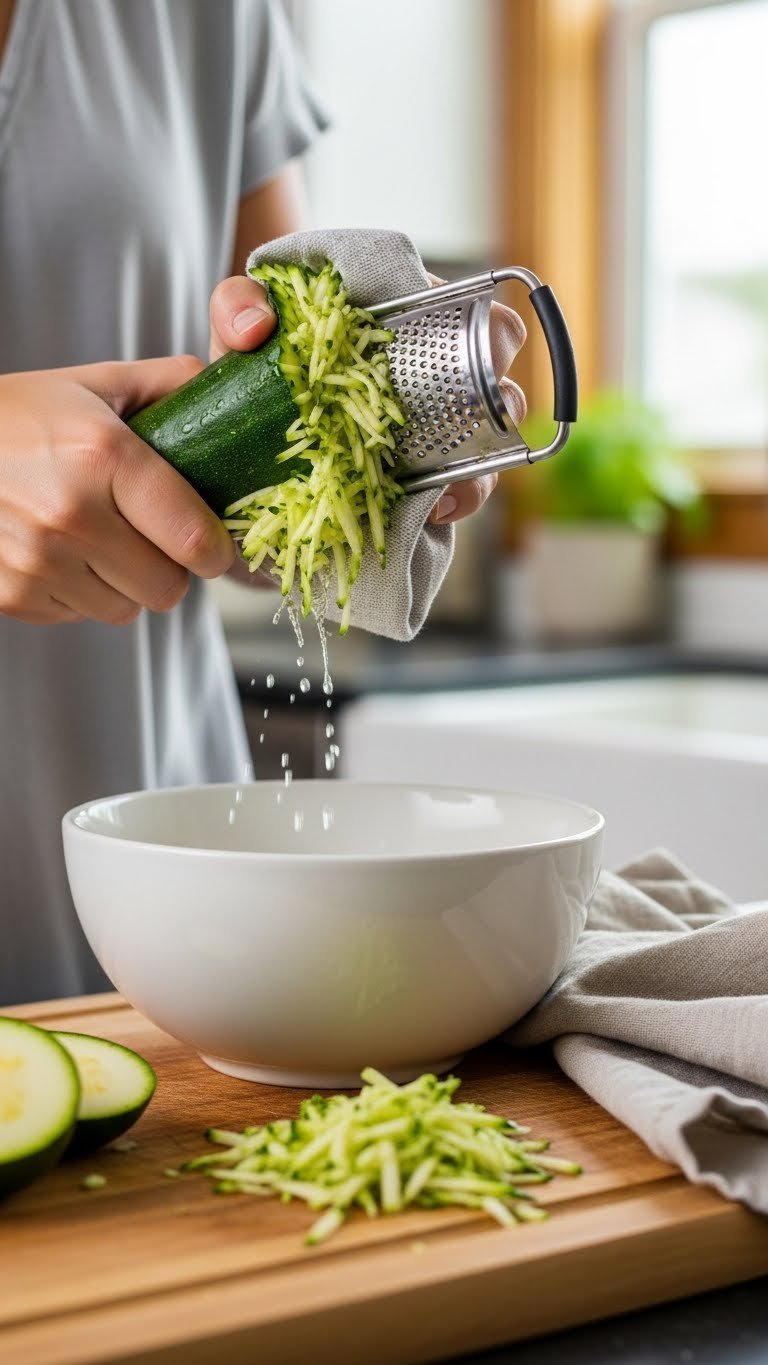 Fresh green zucchini being grated and squeezed over bowl to remove excess moisture for baking preparation