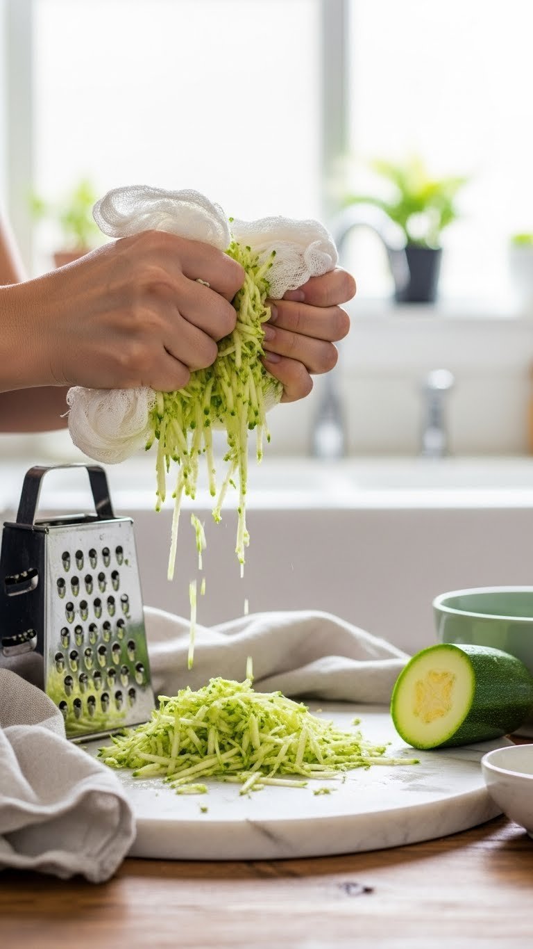 Fresh green zucchini being squeezed in cheesecloth with moisture removal process on rustic wooden table
