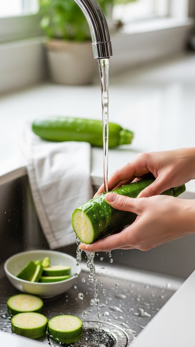 Fresh green zucchini being washed under running water in a modern stainless steel kitchen sink with natural lighting
