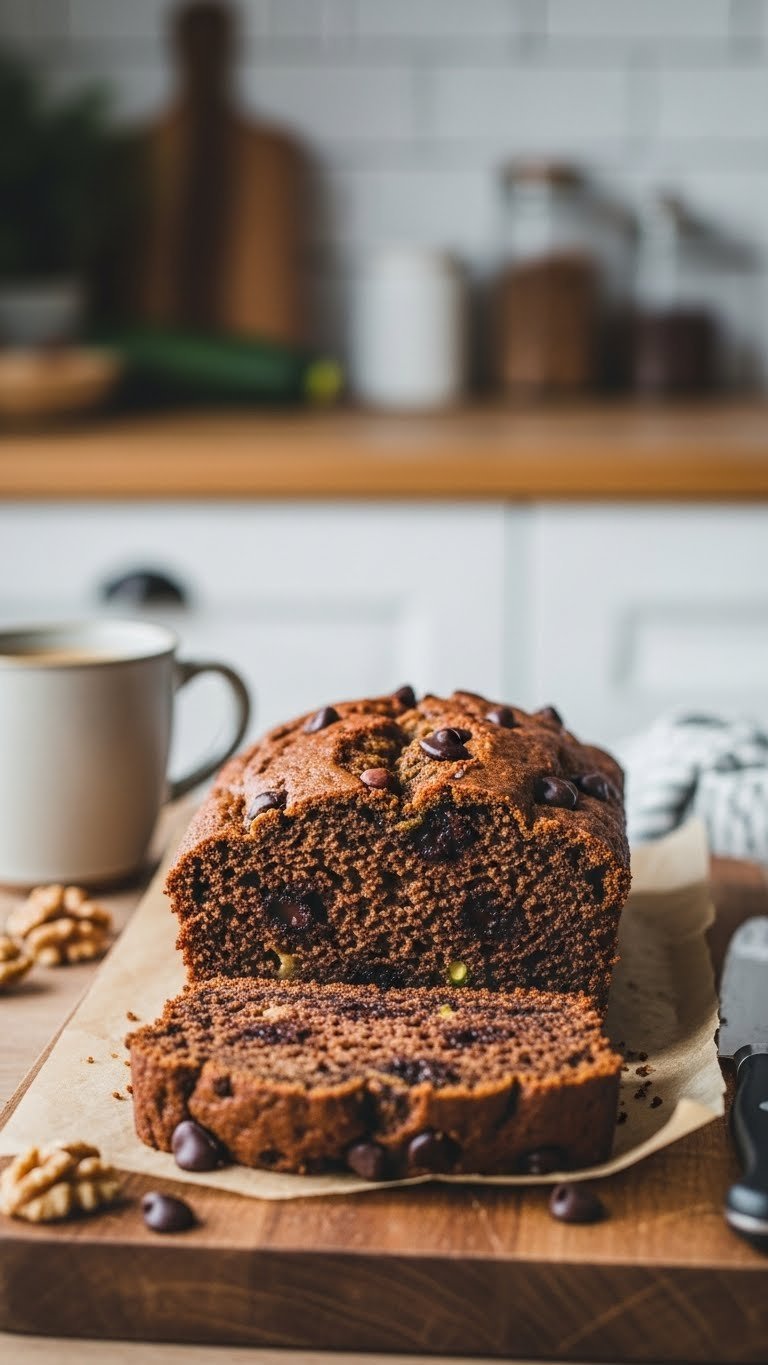 Fresh keto chocolate zucchini loaf sliced thick to reveal tender crumb with chocolate chips on wooden board