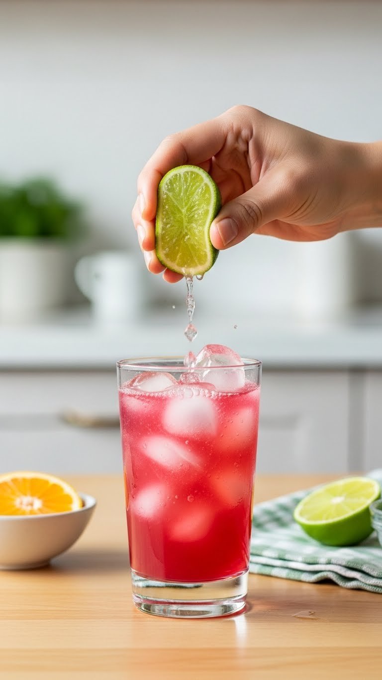Fresh lime being squeezed over vibrant mocktail glass with ice cubes and citrus garnish