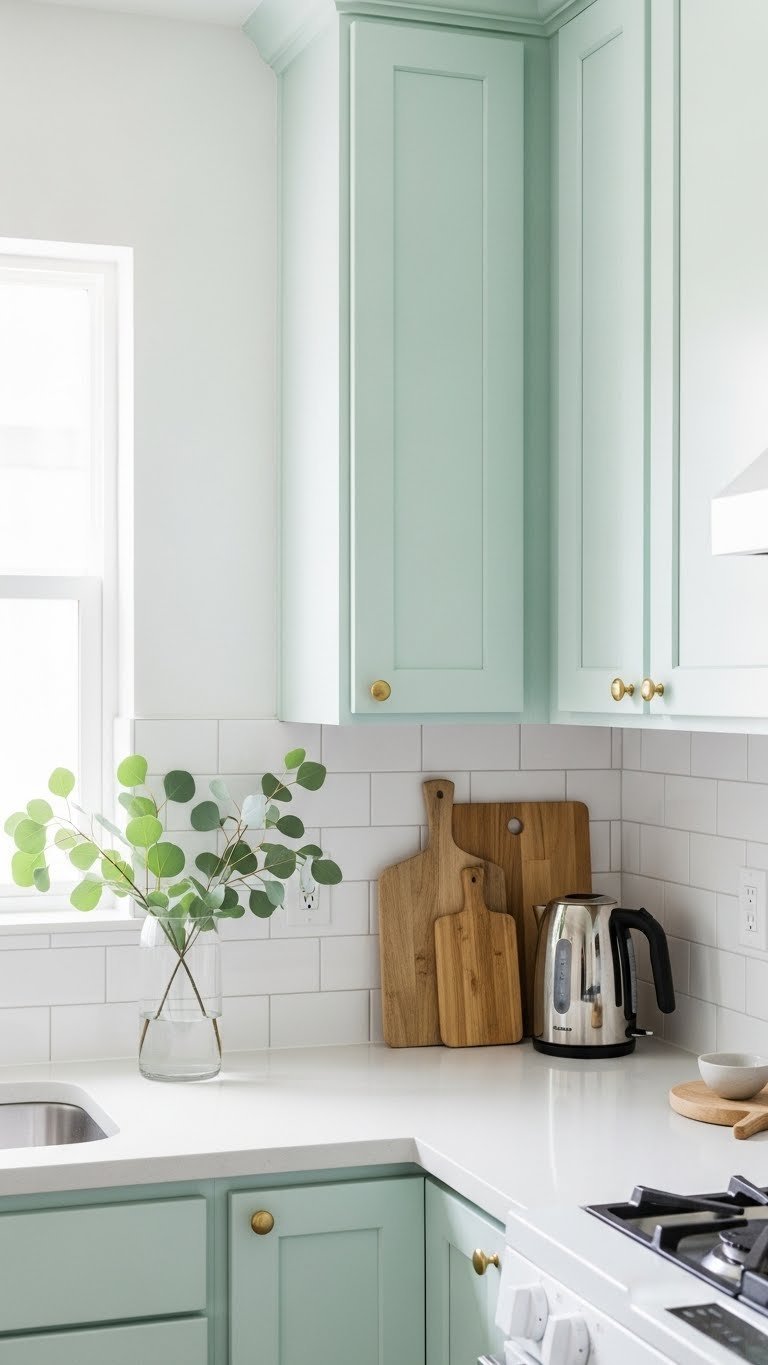 Fresh mint green kitchen cabinets with white subway tile backsplash and light wood accents in bright apartment