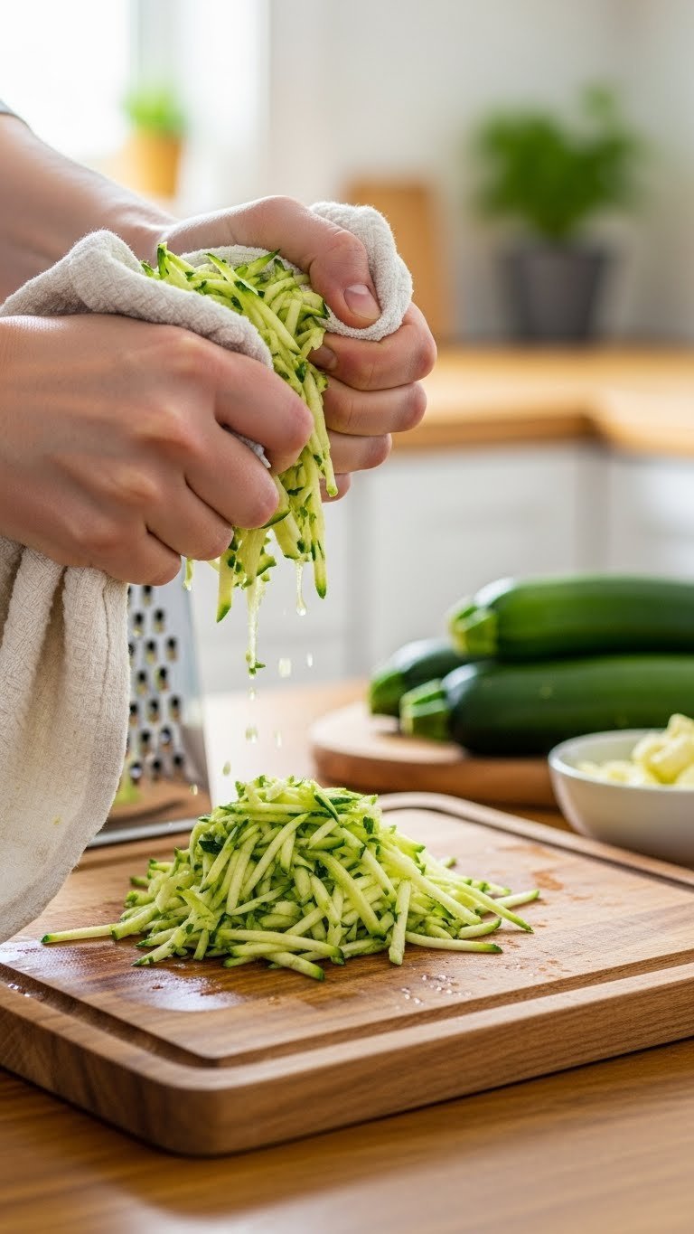 Fresh shredded zucchini being squeezed in kitchen towel to remove excess moisture on rustic wooden cutting board