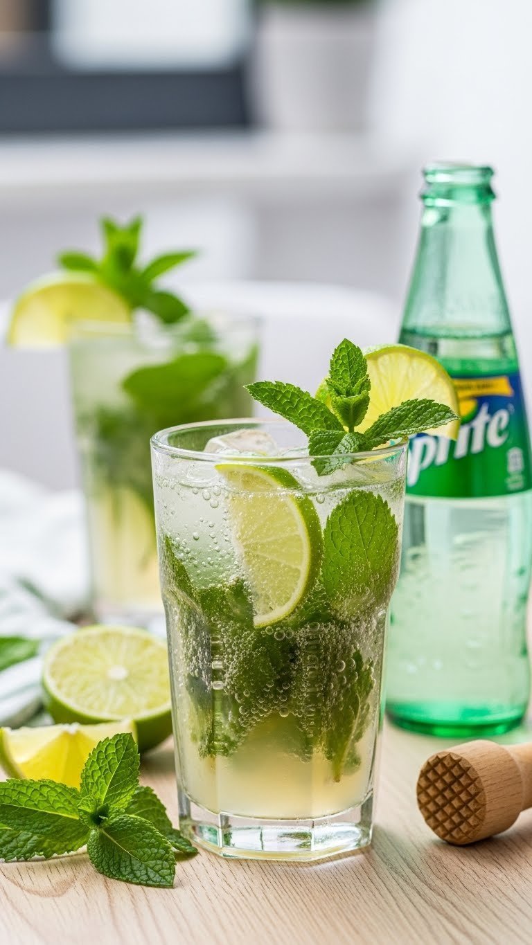 Fresh virgin mojito with mint leaves and lime wedges in classic glass using Sprite on light wooden table