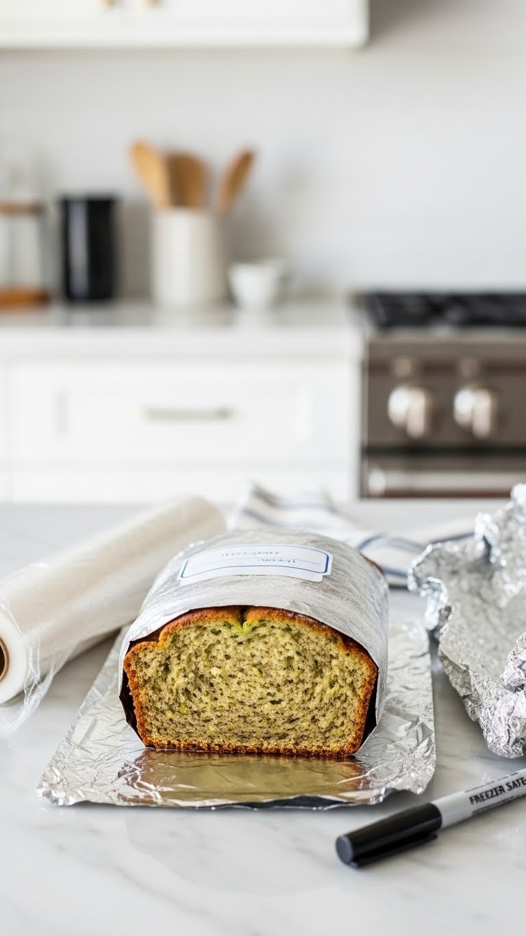 Fresh zucchini bread loaf wrapped in plastic and foil for freezer storage on kitchen counter