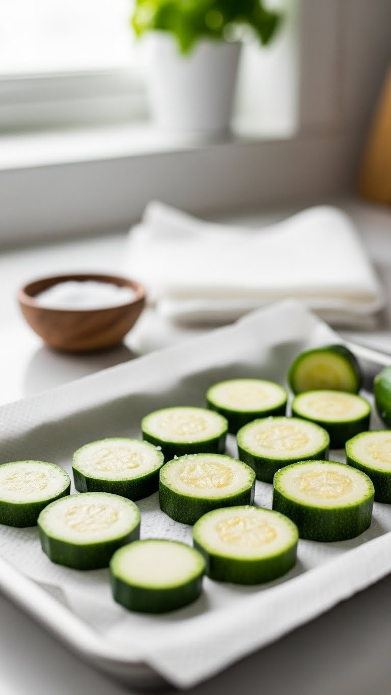 Fresh zucchini rounds sliced and salted on baking sheet with moisture beads visible in natural light
