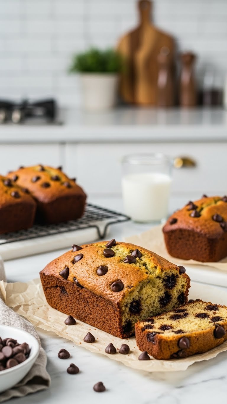 Freshly baked chocolate chip zucchini bread mini loaf on parchment paper with melted chocolate chips peeking from moist golden crumb.