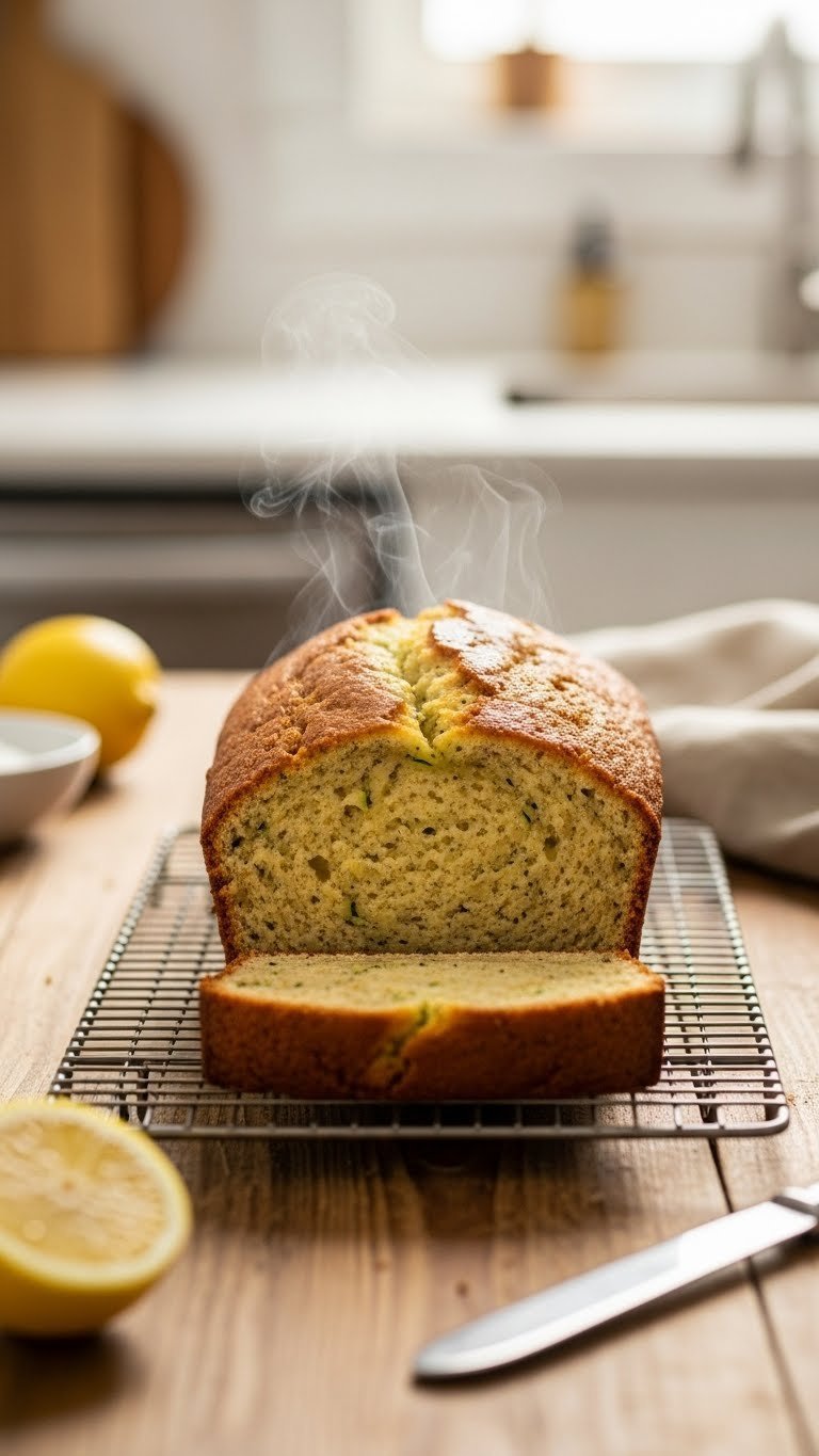 Freshly baked golden brown lemon zucchini bread cooling on wire rack with steam rising
