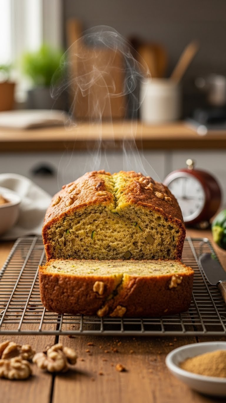 Moist Sugar-Free Zucchini: 9 Baking Secrets For Perfect Loaves 9 Freshly baked golden brown zucchini bread loaf cooling on wire rack with visible walnuts and slight steam.