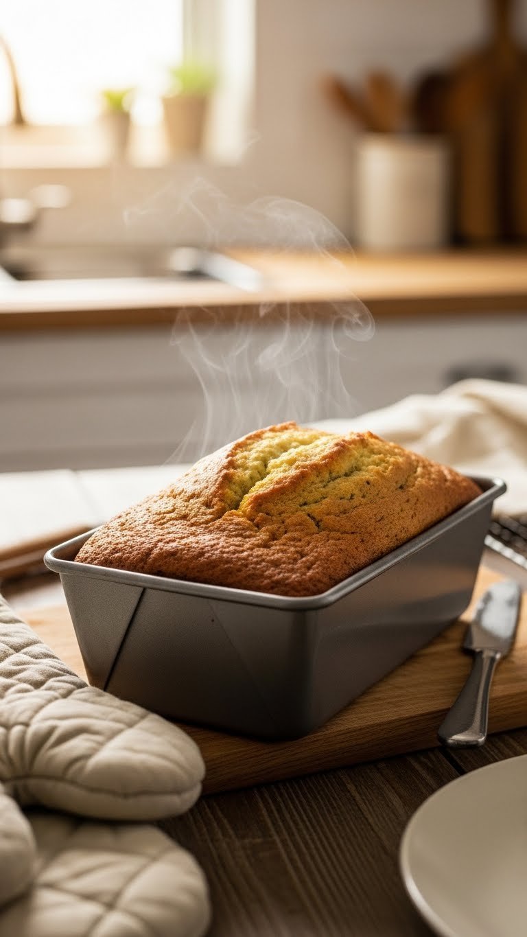 Freshly baked golden brown zucchini bread loaf steaming in pan with perfect crust crack
