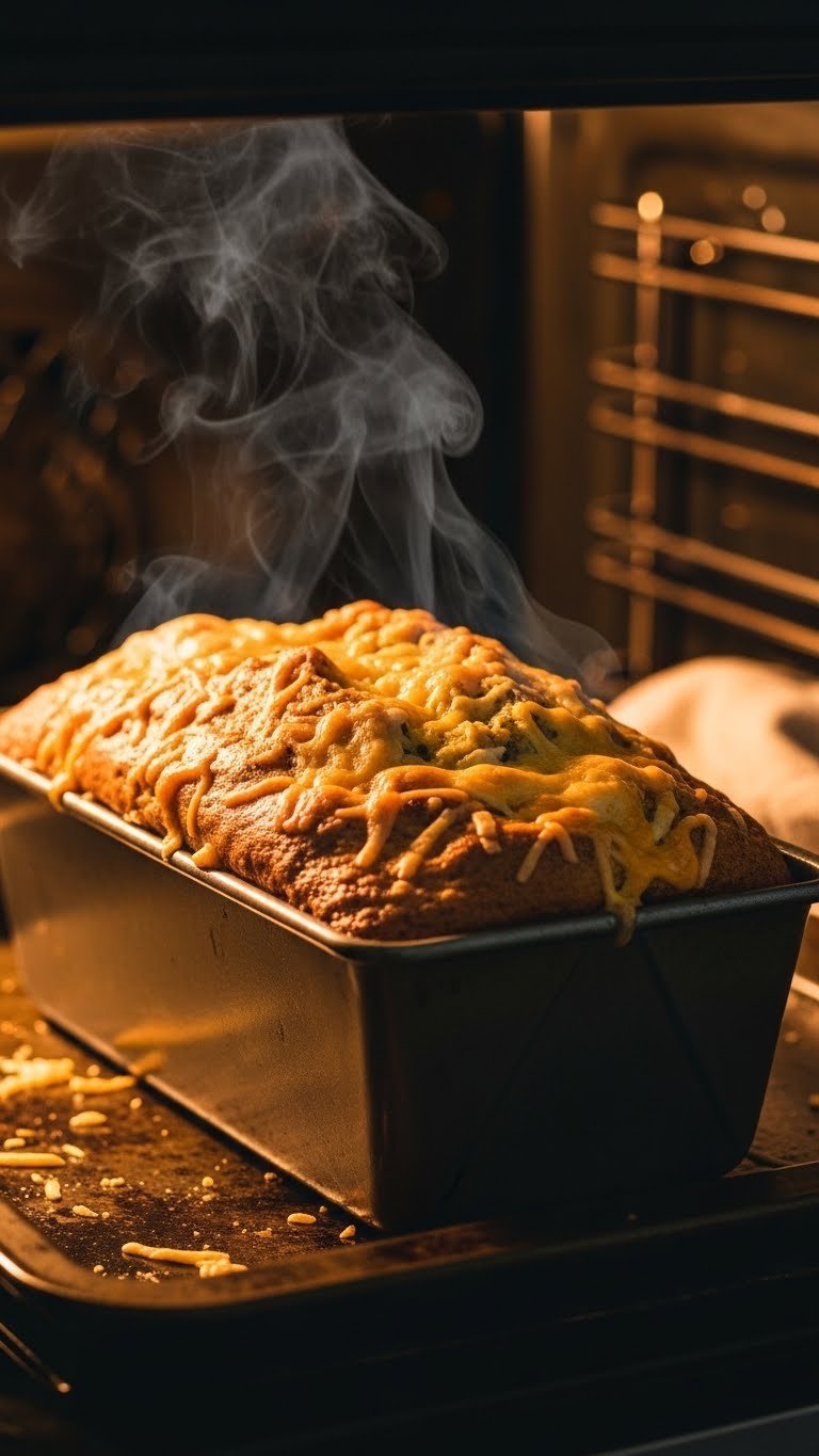 Freshly baked golden brown zucchini cheddar quick bread loaf steaming in loaf pan with melted bubbly cheese surface