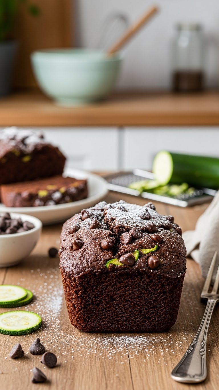 Freshly baked healthy air fryer chocolate zucchini bread in mini loaf pan with powdered sugar and chocolate chips.