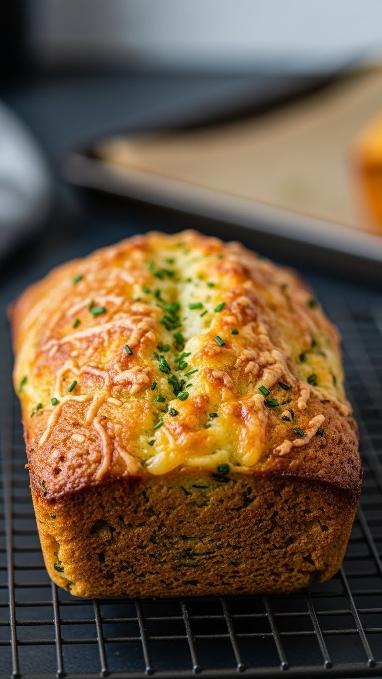 Freshly baked savory zucchini bread loaf with golden crust and melted cheese on cooling rack