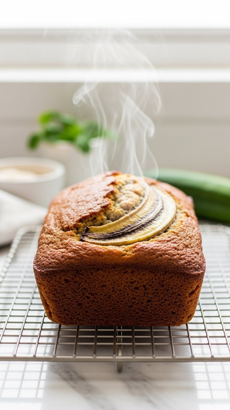 Freshly baked zucchini banana bread cooling on wire rack with steam rising softly