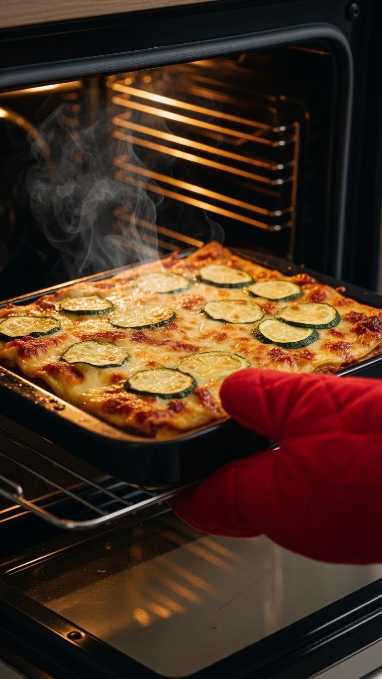 Freshly baked zucchini lasagna with golden-brown cheese being removed from hot oven