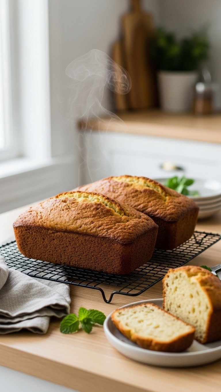 Freshly baked zucchini pineapple bread cooling on wire rack with steam rising and slice cut on wooden island.