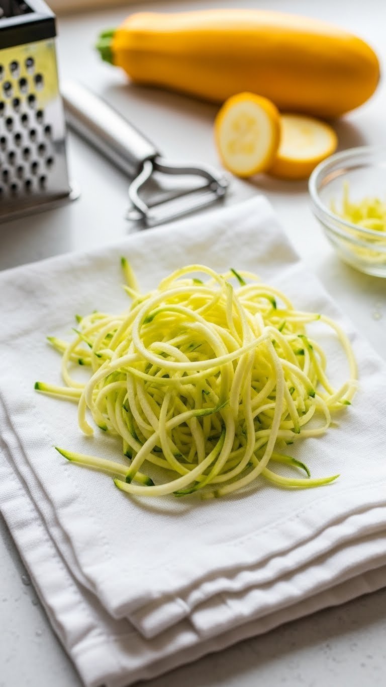 Freshly grated bright yellow zucchini strands piled on a white kitchen towel with whole zucchini in soft-focused background