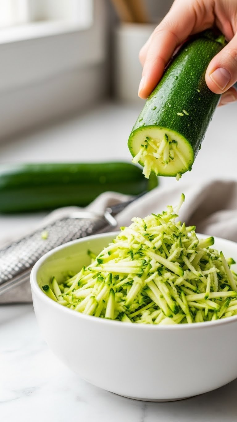 Freshly grated green zucchini in white ceramic bowl with soft kitchen background and natural lighting