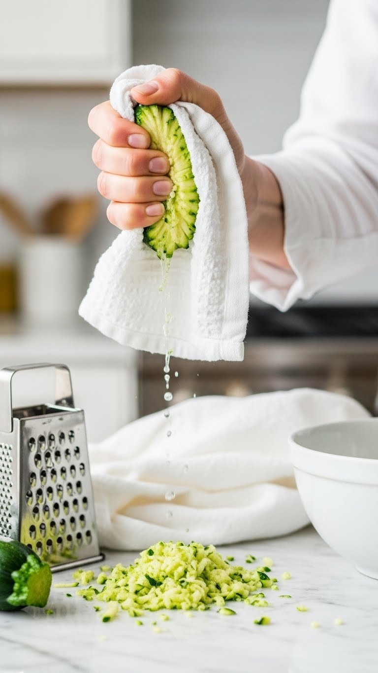 Freshly grated zucchini being squeezed in a white kitchen towel to remove excess moisture for baking preparation