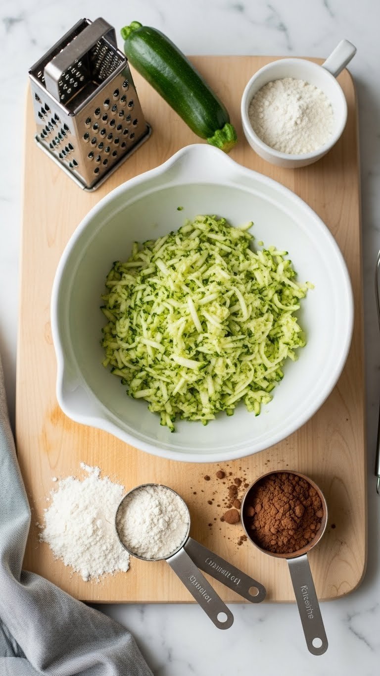 Freshly grated zucchini piled high with measured flour and cocoa powder in mixing bowl on light wood cutting board