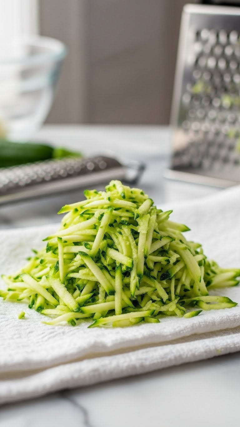 Freshly grated zucchini with water droplets on white kitchen towel with stainless steel grater in background