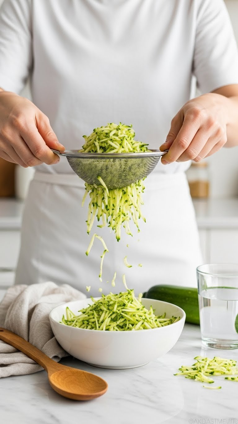 Freshly shredded zucchini being pressed over a mesh sieve with vibrant green texture visible in white ceramic bowl on marble countertop