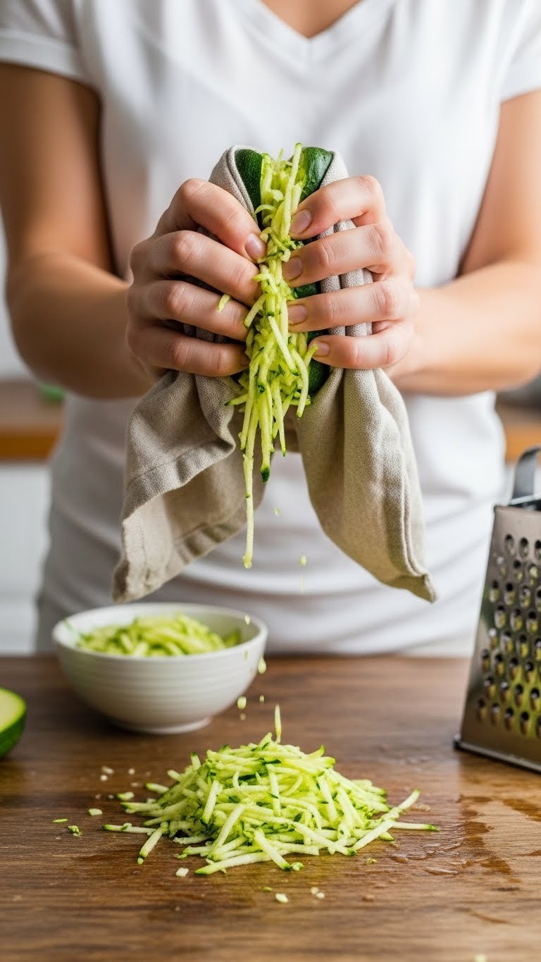 Freshly shredded zucchini being squeezed in a clean linen towel to remove excess moisture for preventing soggy brownies