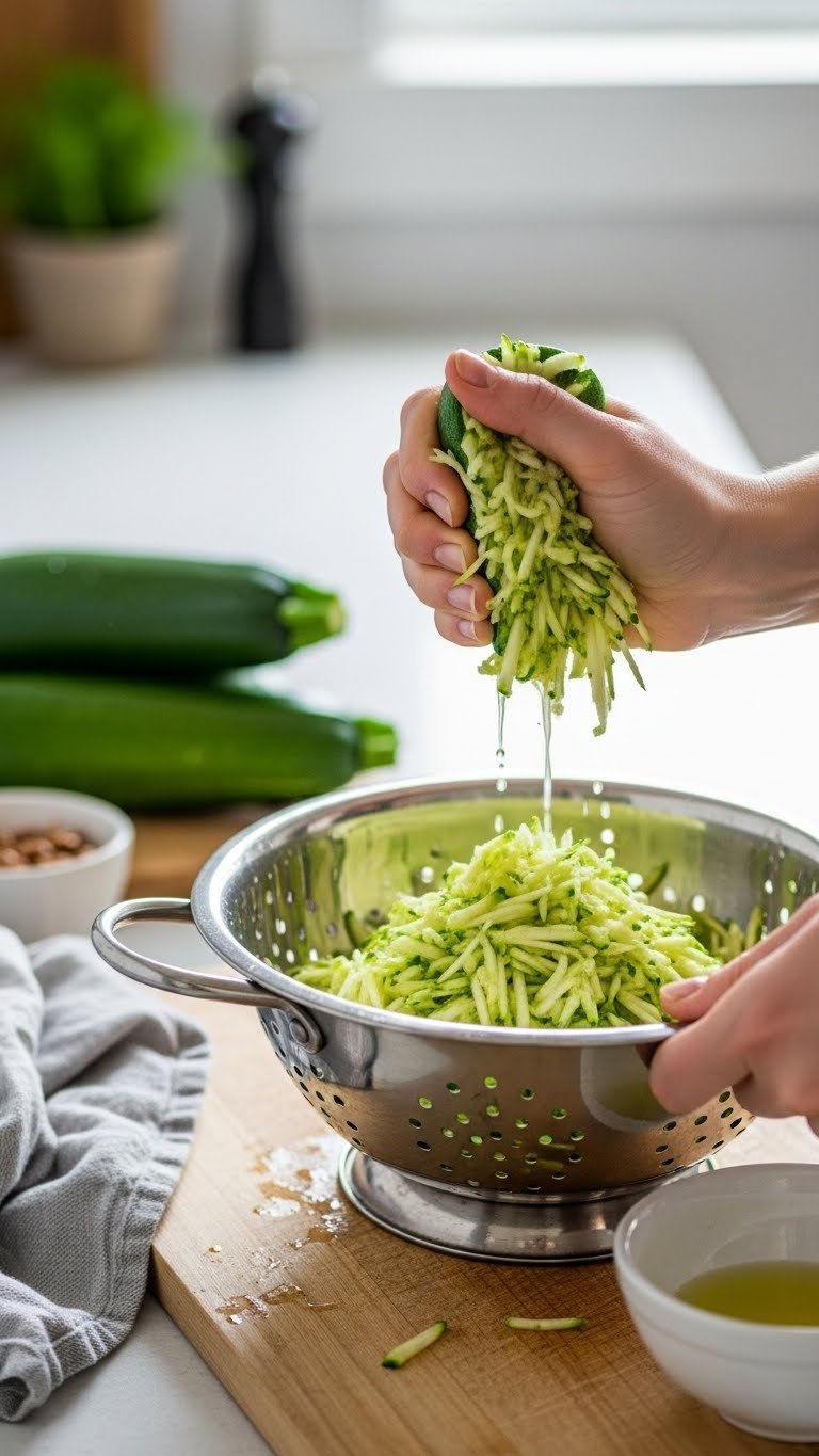 Freshly shredded zucchini with moisture droplets being pressed in a stainless steel colander on a light wooden cutting board with soft bokeh background