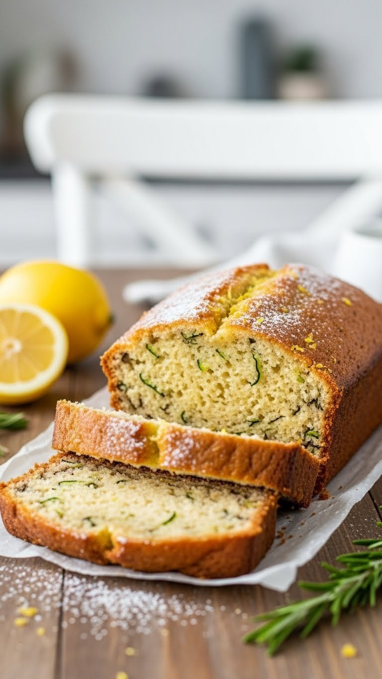 Freshly sliced lemon zucchini bread loaf with golden crust and lemon zest on rustic wooden table