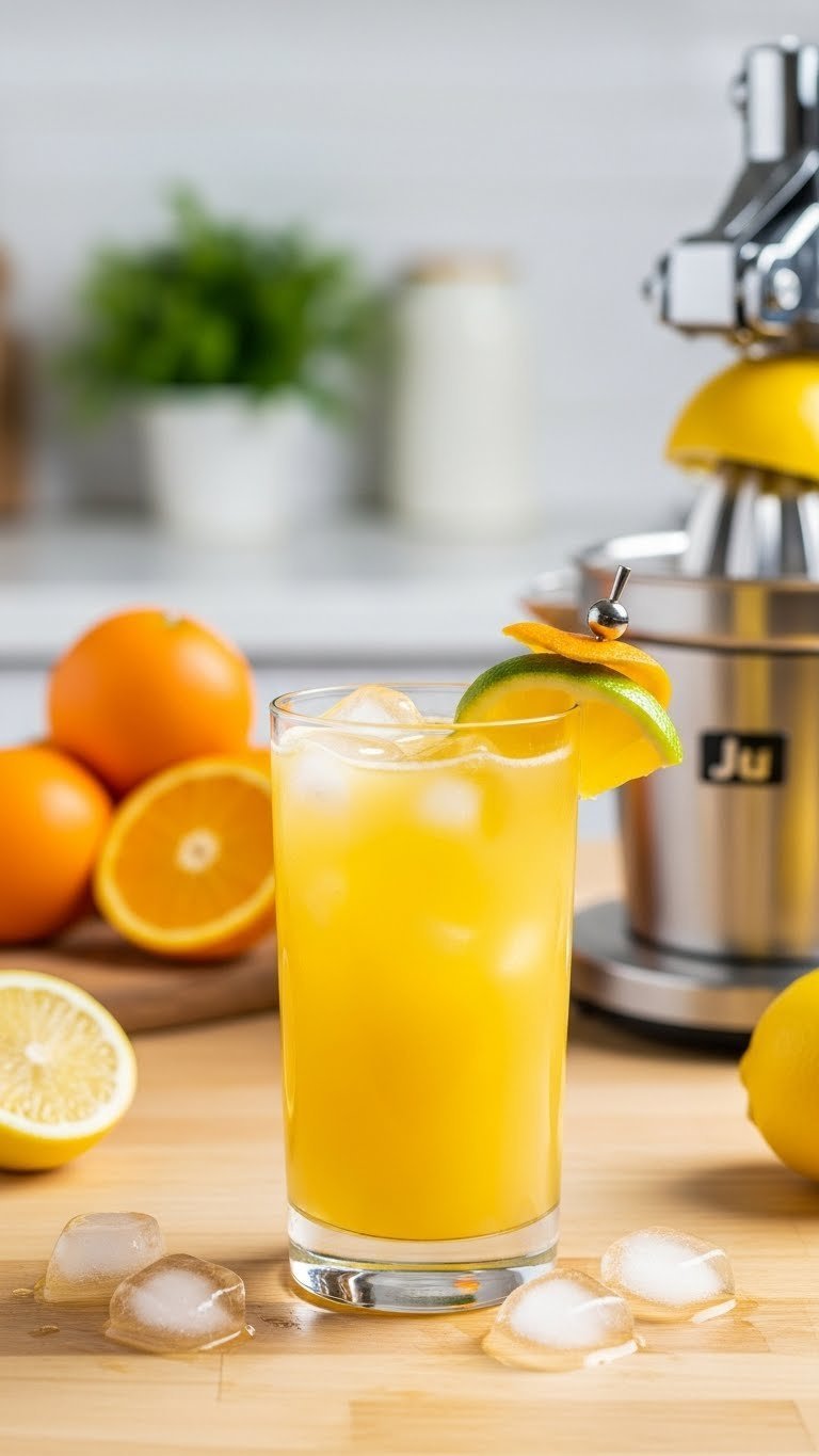 Freshly squeezed citrus juice blend with orange slice garnish and ice cubes in modern highball glass