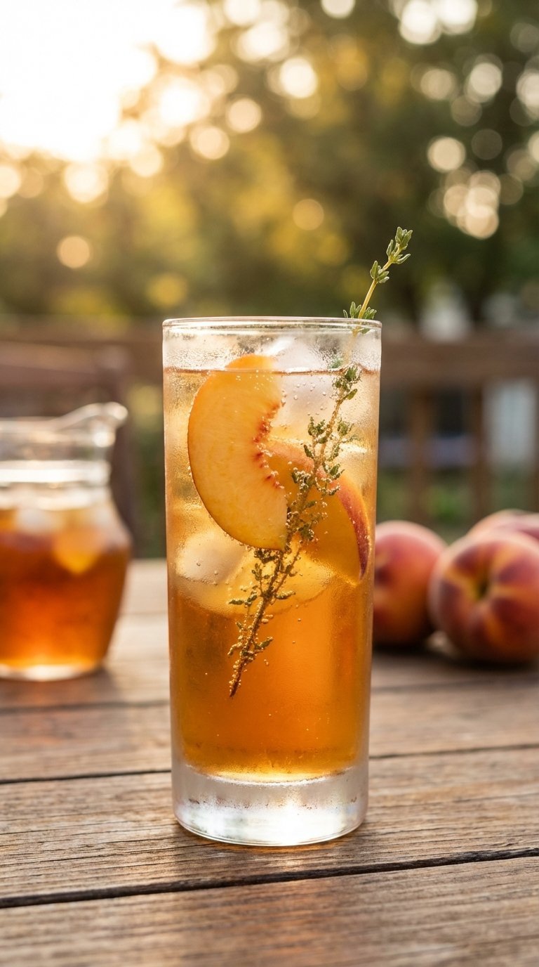 Frosted glass of sparkling peach iced tea with peach slices and thyme sprig on rustic wooden table
