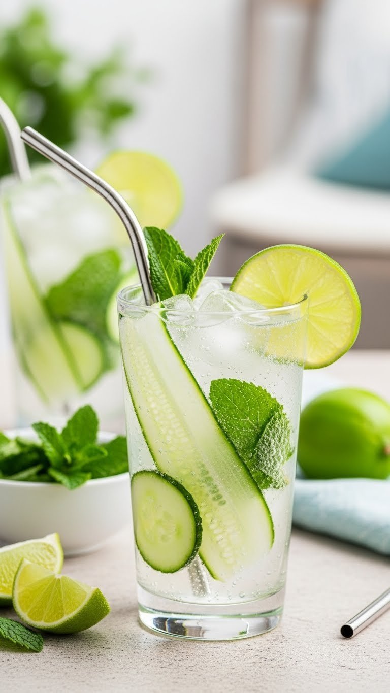 Frosted highball glass with skinny cucumber mint mojito garnished with lime wedge on stone patio surface