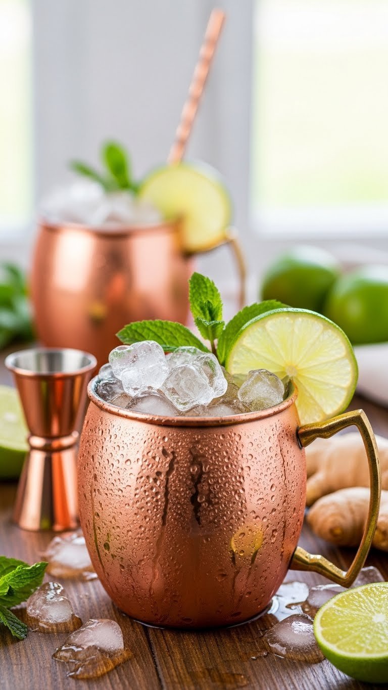 Frosty Moscow Mule cocktail in copper mug with lime wedge and mint sprig on rustic wooden table