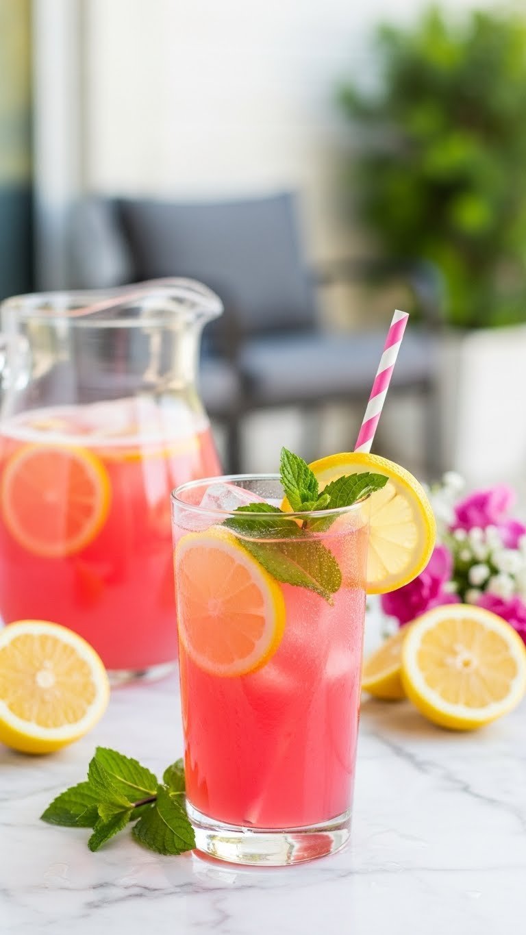 Frosty glass of pink lemonade with lemon slices and mint leaves showing condensation on white marble countertop