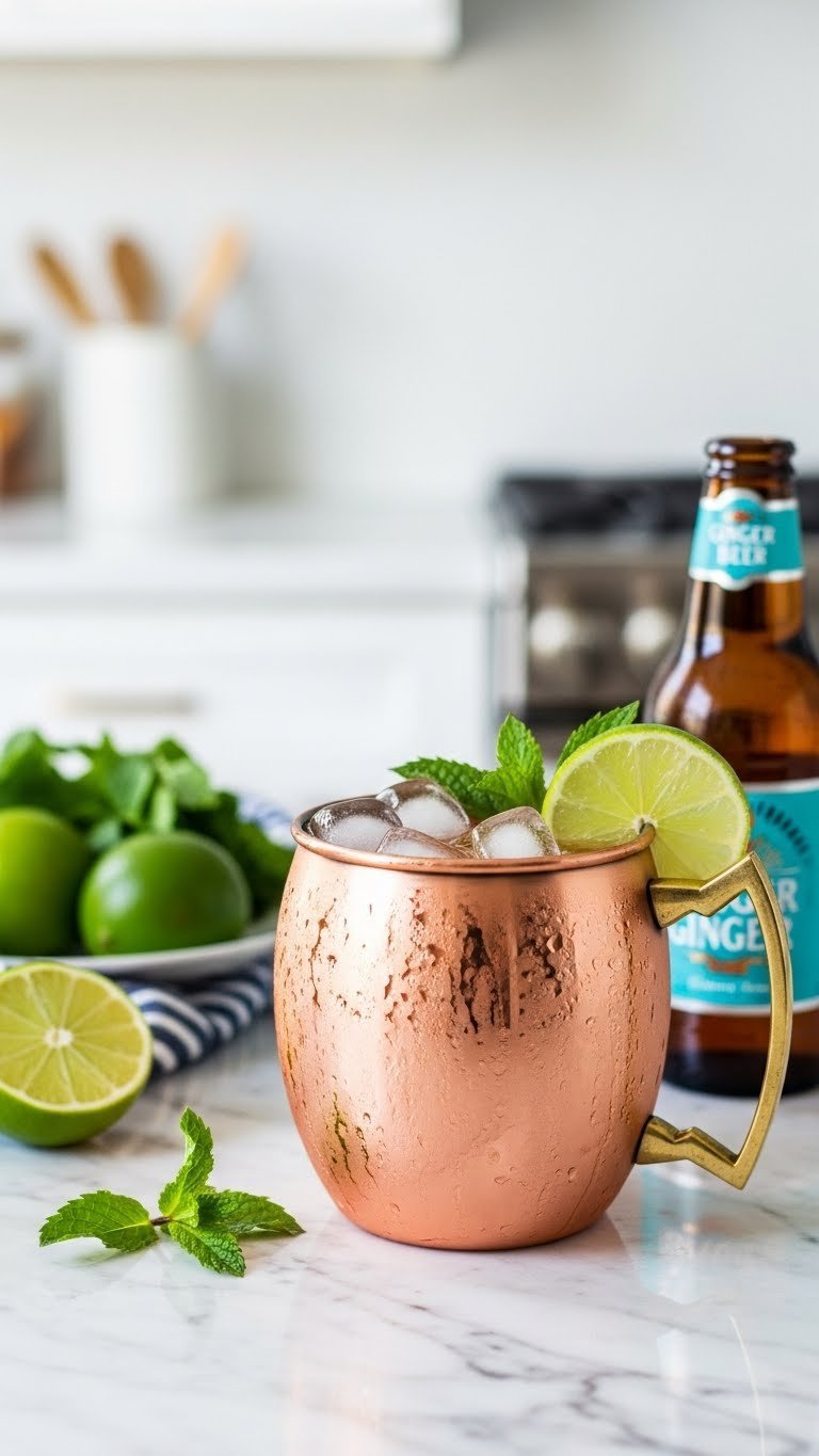 Frosty peach mule in copper mug with lime garnish and condensation